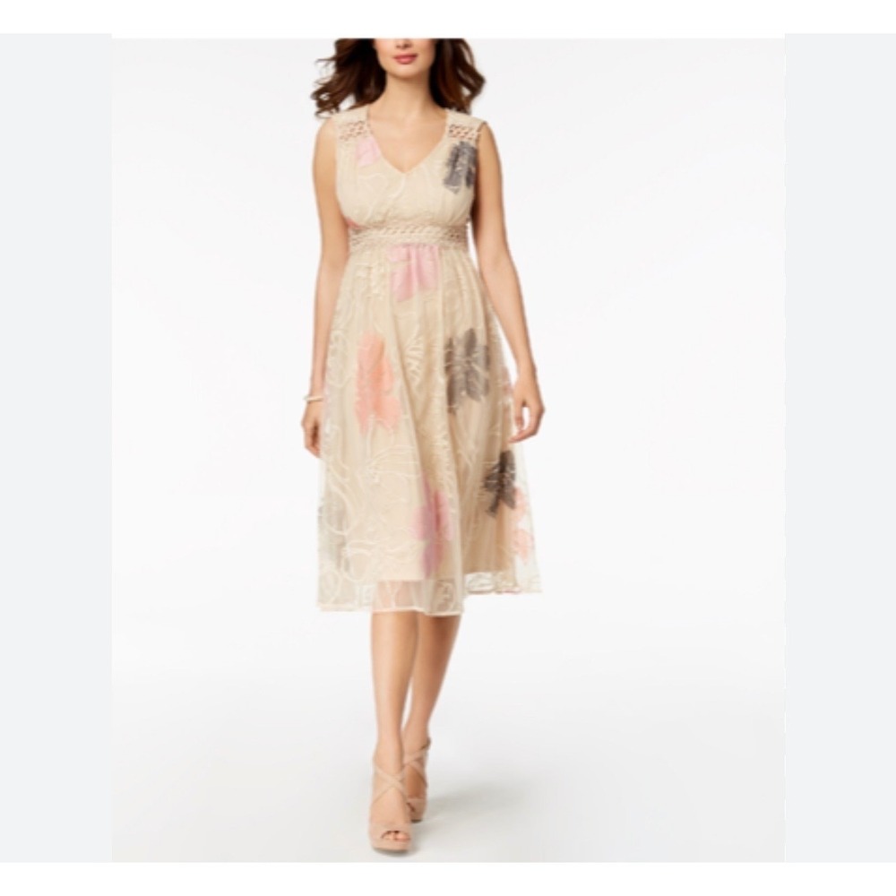 Taylor NWT Floral Embroidered Mesh Midi Dress 6 Tan Coral Fit Flare Resort